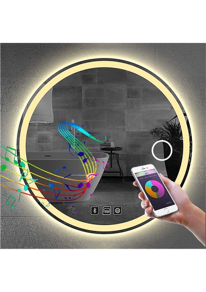 50 cm Bluetoothlu Makyaj Aynalı Buğu Yapmayan Ledli Yuvarlak Banyo Aynası