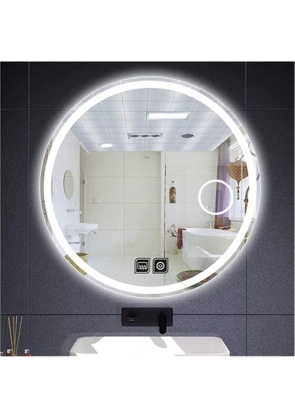 85 cm Makyaj Aynalı Dokunmatik Tuşlu Buğu Yapmayan Ledli Yuvarlak Banyo Aynası