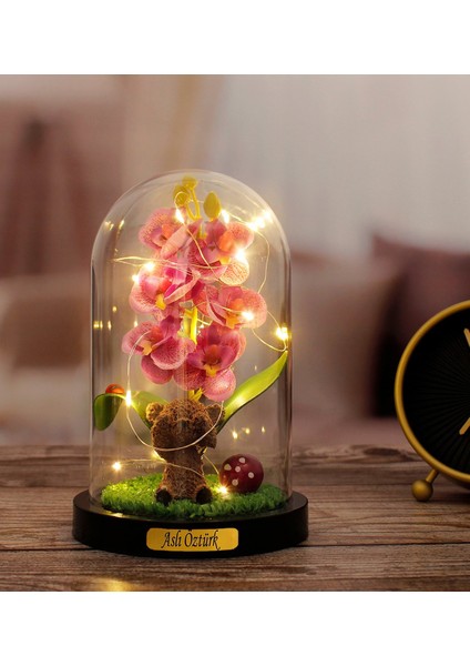 Herkesetoptantic Kişiye Özel Orkide Altında Sevimli Ayı Tasarımlı Işıklı Fanus (Lila)