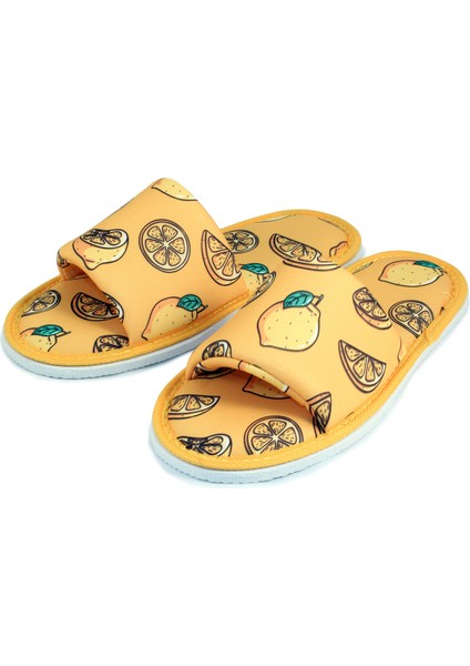 Unisex Sarı Limon Desenli Önü Açık Yumuşak Tabanlı Ev Terlik
