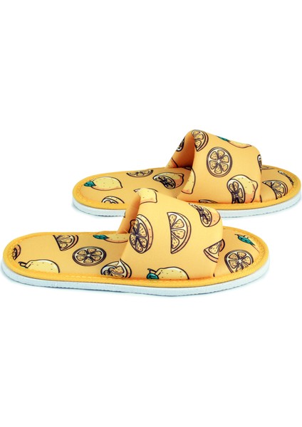 Unisex Sarı Limon Desenli Önü Açık Yumuşak Tabanlı Ev Terlik modelleri
