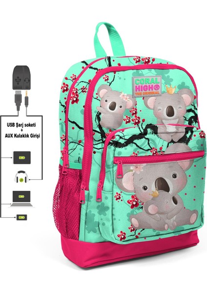 Kids Dört Bölmeli Neon Mercan Ilkokul Çantası USB Şarjlı Kulaklık Çıkışlı 23813