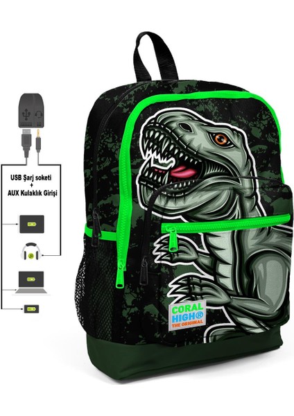 Kids Dört Bölmeli Siyah Koyu Yeşil Ilkokul Çantası USB Şarjlı Kulaklık Çıkışlı 23825