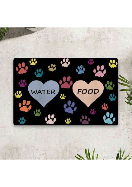 Water Food Kedi Köpek Kalpdijital Baskılı 50 x 70 cm. Dekoratif Çok Amaçlı İç ve Dış Kapı Paspası Mama Paspası