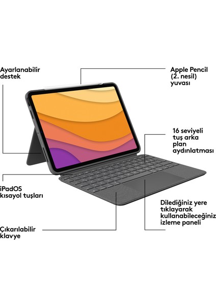 Combo Touch iPad Air 4. Nesil ile Uyumlu Çok Yönlü Klavyeli Kılıf - Gri