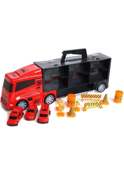 King Toys 3 Mini Araç ve Trafik Levhalı Taşıyıcı Kamyon Kırmızı Lal 2016