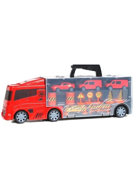 King Toys 3 Mini Araç ve Trafik Levhalı Taşıyıcı Kamyon Kırmızı Lal 2016