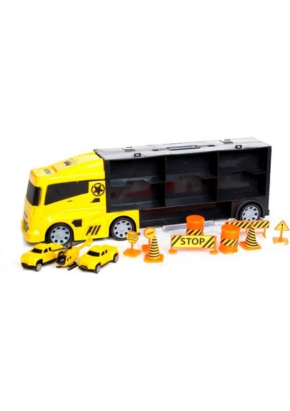 King Toys 3 Mini Araç ve Trafik Levhalı Taşıyıcı Kamyon Sarı Lal 2017