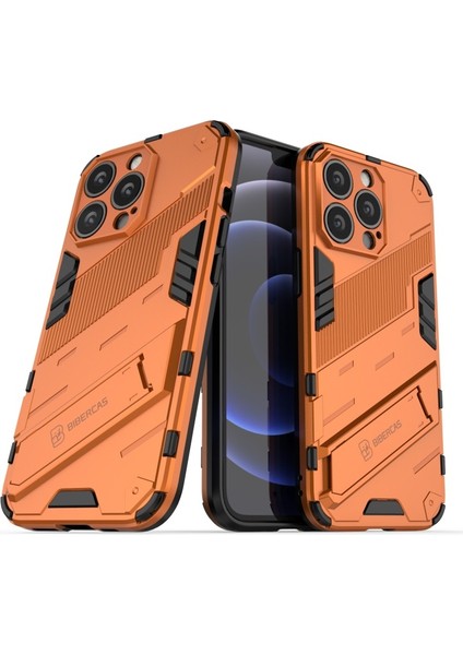 Apple iPhone 13 Pro Max Için Standlı Sert Pc + Yumuşak Tpu Çift Katmanlı Telefon Kılıfı - Turuncu (Yurt Dışından)