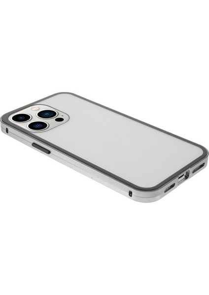 Apple iPhone 13 Pro Max Için Metal + Çift Taraflı Temperli Cam Manyetik Telefon Kılıfı - Gümüş (Yurt Dışından)