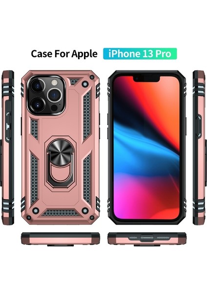 Apple iPhone 13 Pro Max Için Döner Halkalı Pc + Tpu Darbeye Dayanıklı Hibrit Kılıf - Gül Altın (Yurt Dışından)