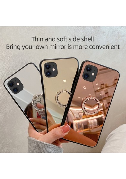 Apple iPhone 12 Için Metal Standlı Hassas Kesim Ayna Tasarımlı Tpu + Pc Düşmeye Dayanıklı Kılıf - Gümüş (Yurt Dışından)