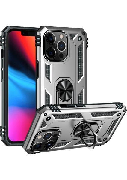 Apple iPhone 13 Pro Max Için Döner Halkalı Pc + Tpu Darbeye Dayanıklı Hibrit Kılıf - Gümüş (Yurt Dışından)