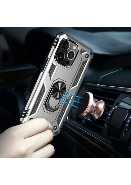 Apple iPhone 13 Pro Max Için Döner Halkalı Pc + Tpu Darbeye Dayanıklı Hibrit Kılıf - Gümüş (Yurt Dışından)