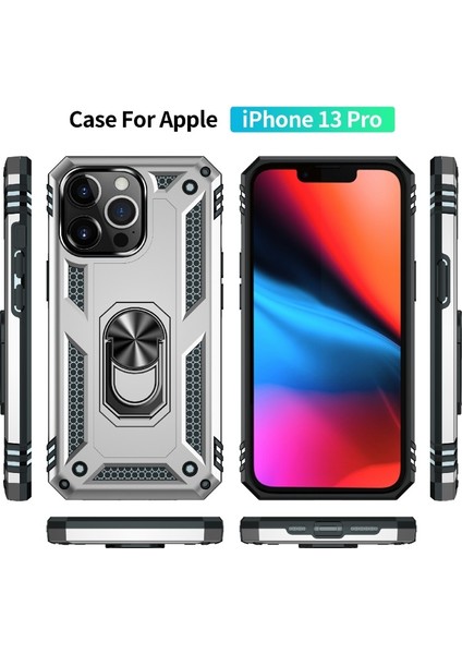 Apple iPhone 13 Pro Max Için Döner Halkalı Pc + Tpu Darbeye Dayanıklı Hibrit Kılıf - Gümüş (Yurt Dışından)