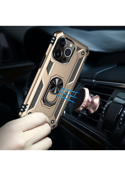 Apple iPhone 13 Pro Max Için Döner Halkalı Pc + Tpu Darbeye Dayanıklı Hibrit Kılıf - Altın (Yurt Dışından)