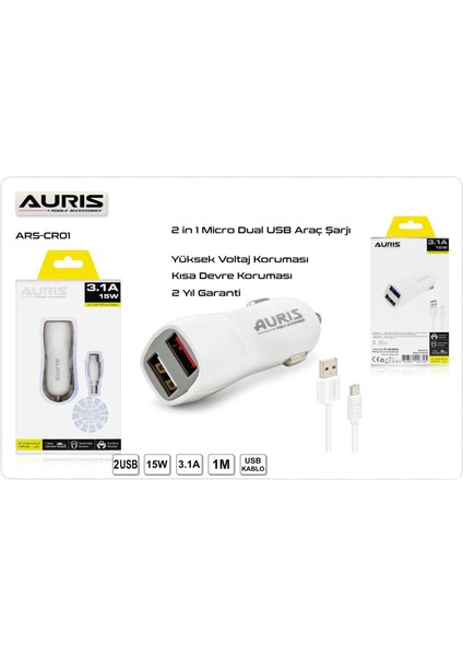 ARS-CR01 3.1A Micro USB 2li Giriş Araç Şarj Başlığı Çakmaklık