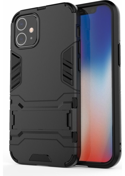 Apple iPhone 12 Mini 5.4 Inç Uyumlu Plastik + Tpu Hibrit Standlı Telefon Kılıfı - Siyah (Yurt Dışından)
