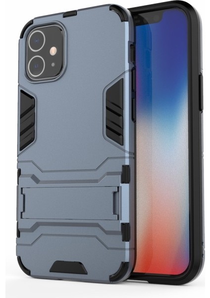 Apple iPhone 12 Mini 5.4 Inç Uyumlu Plastik + Tpu Hibrit Standlı Telefon Kılıfı - Mavi (Yurt Dışından)