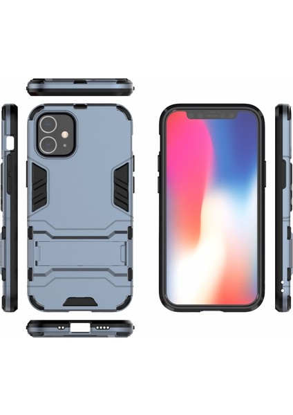 Apple iPhone 12 Mini 5.4 Inç Uyumlu Plastik + Tpu Hibrit Standlı Telefon Kılıfı - Mavi (Yurt Dışından)