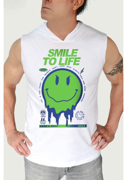 Hayata Gülümse Beyaz Kapşonlu Kesilk Kol|kolsuz Erkek Atlet T-Shirt