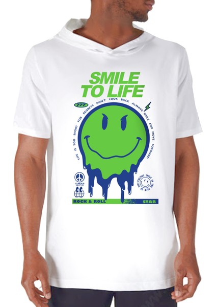 Hayata Gülümse Beyaz Kapşonlu Kısa Kollu Erkek T-Shirt