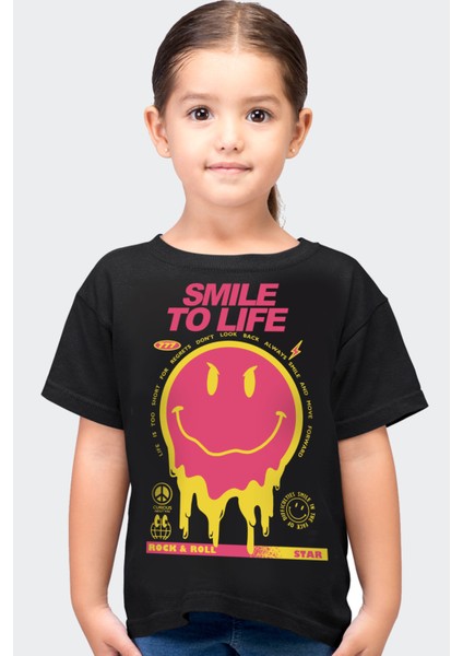 Hayata Gülümse Siyah Kısa Kollu Kız Çocuk T-Shirt