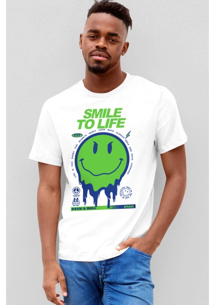 Hayata Gülümse Beyaz Kısa Kollu Erkek T-Shirt