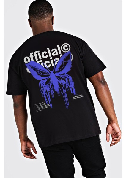 Akan Kelebek Siyah Kısa Kollu Arka Baskılı Erkek Oversize T-Shirt