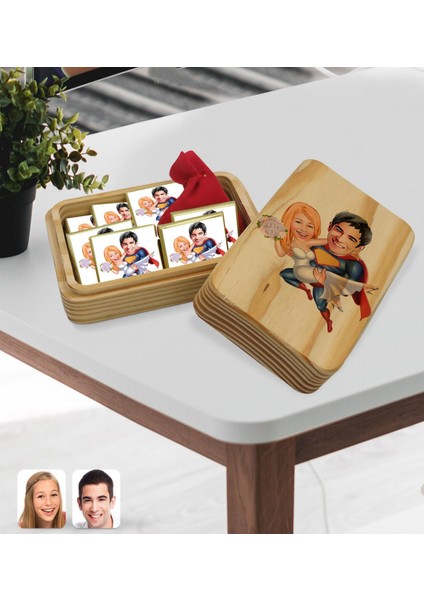 Kişiye Özel Sevgililer Karikatürlü Dikdörtgen Ahşap Kutuda Madlen Çikolata ve Yonca Kolye -92 fiyatları