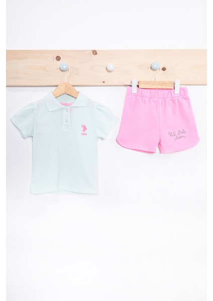 U.S. Polo Assn Kız Bebek Tulum Pamuk Gömlek Yaka Nil Yeşili ve Pembe Renk Kombin