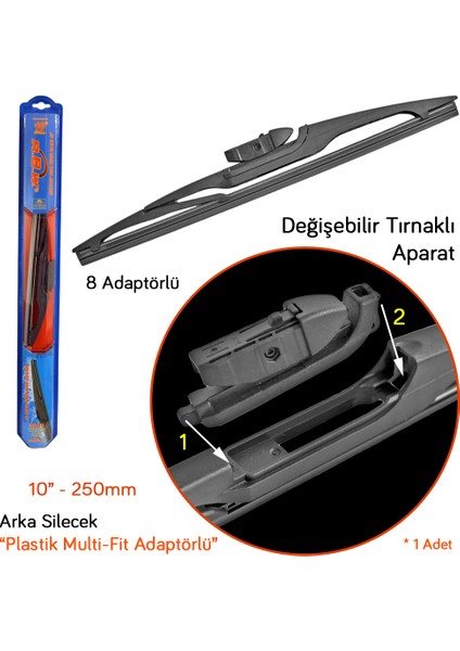 95010 Plastik Multi-Fit 8 Adaptörlü 10 Inç / 250 mm Arka Silecek fiyatları