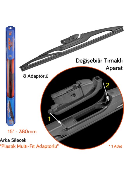 95015 Plastik Multi-Fit 8 Adaptörlü 15 Inç / 380 mm Arka Silecek