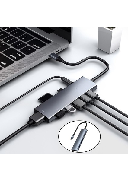 9 In 1 Usb-C Hub ile 4 K HDMI 3 Usb3.0 Sd & Tf Kart Okuyucu 100W Pd Şarj