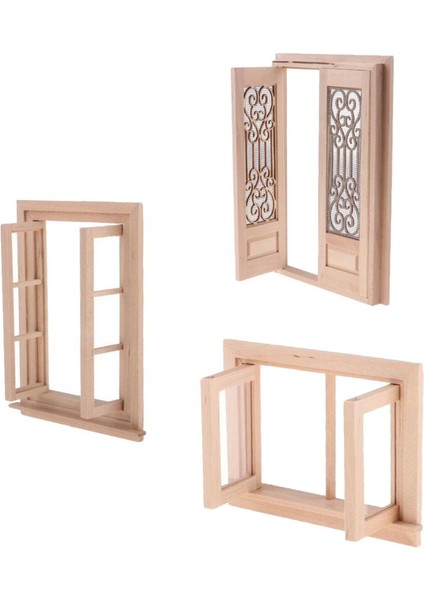 1/12 Dollhouse Minyatür Dekor Hollow Ekran Çift Kapı + Pencere Boyasız (Yurt Dışından)