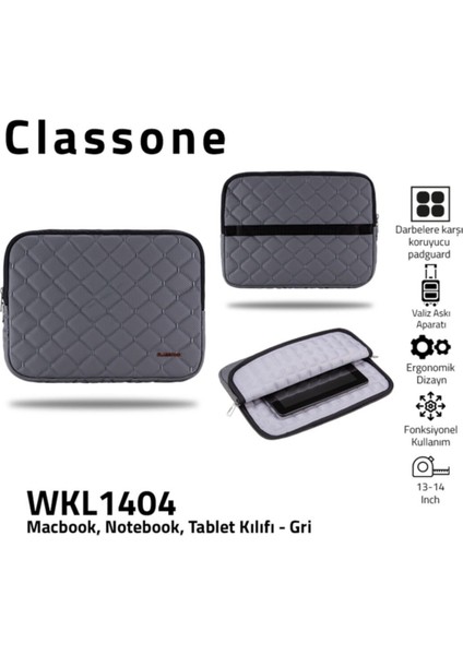 WKL1404 13-14"ınch Macbook Notebook Tablet Kılıfı Gri