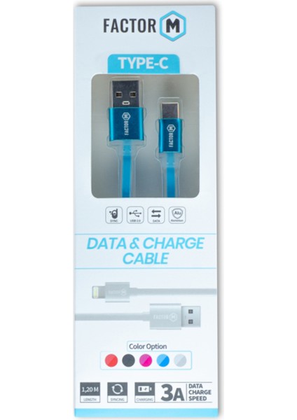 Type-­c Data ve Şarj Kablo 3A 1.20M Mavi­ (FM­3A120TP)