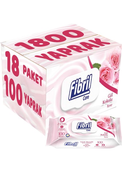 Islak Havlu Mendil 100 Yaprak Gül Plastik Kapaklı (18 Li Set) 1800 Yaprak
