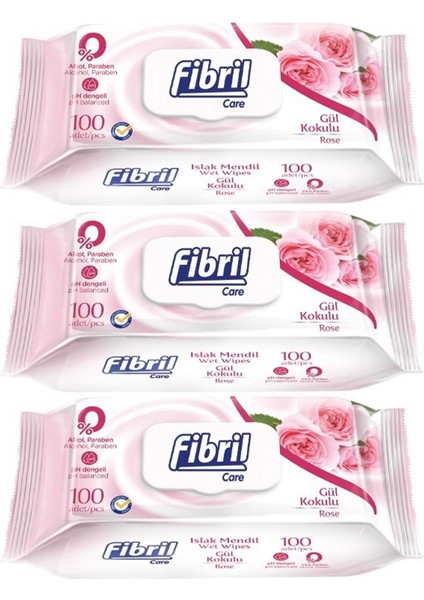 Islak Havlu Mendil 100 Yaprak Gül Plastik Kapaklı (3 Lü Set) 300 Yaprak