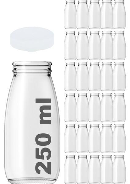 250 cc Şeffaf Süt, Ayran, Limonata Şişesi Plastik Kapaklı 250 ml Yuvarlak Cam Şişe 30 Adet