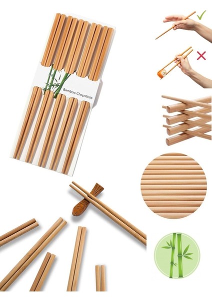 Organik Bambu Çin Yemek Çubukları 20 Adet Yıkanabilir Pratik Kullanım