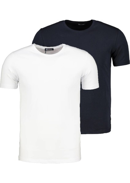 T8569 İkili Set Bisiklet Yaka Erkek T-Shirt-Lacivert - Beyaz