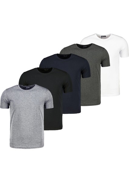 T8569 Beşli Set Bisiklet Yaka T-Shirt-Siyah-Beyaz-Lacivert-Antrasit-Gri