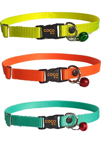 Kedi Boyun Tasması Zilli 3'lü Set 20-37 cm Sarı Turuncu ve Turkuaz