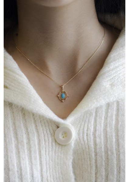 Firuze Taşlı Oval Altın Kolye