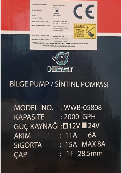 Bilge Pump Sintine Pompası 2000 12 V Hegi WWB-05808 fiyatları