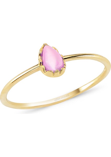 Şeker Pembesi Damla Taşlı Altın Yüzük