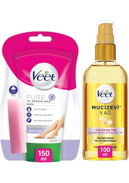 Pure Duşta Tüy Dökücü Krem 150 ml + Veet Mucizevi Yağ - Çok Amaçlı Nemlendirici 100 ml