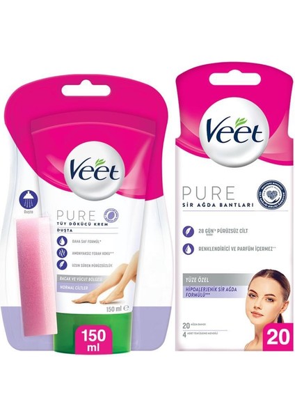 Pure Duşta Tüy Dökücü Krem 150 ml + Veet Pure Sir Ağda Bandı Yüz - 20 Adet