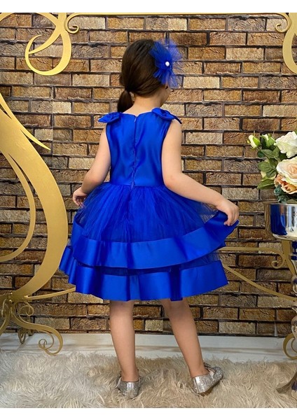 Kız Çocuk Omuzu Fiyonk Detaylı Tüllü Kabarık Toka Aksesuarlı Elbise/mavi (2-6)Yaş Arası Mavi fiyatları